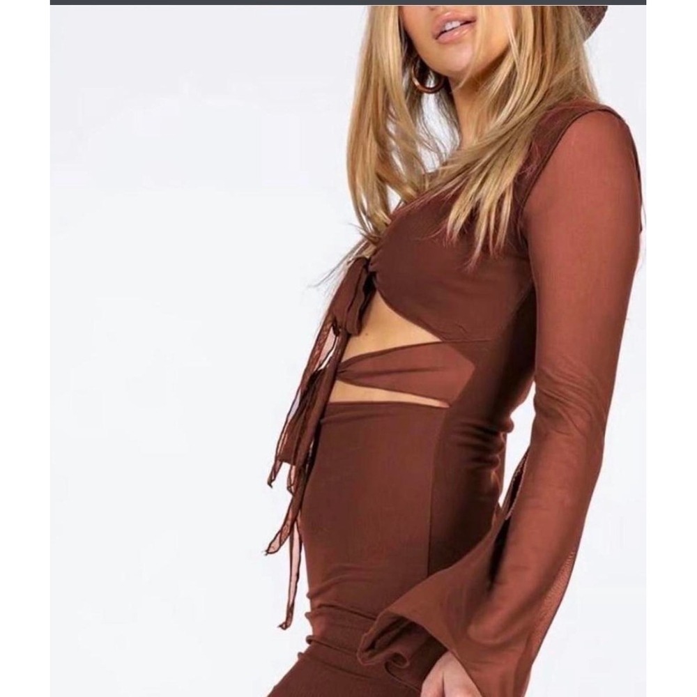 Euphoria Princess Polly Brown Mesh Y2K Cut Out Bell Sleeve Mini Dress US 6 - Picture 4 of 9